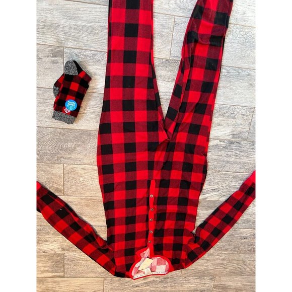 NWT Lucky Brand Pajamas One piece Romper Large Buffalo Plaid w Socks Lounge GIFT - Picture 3 of 9